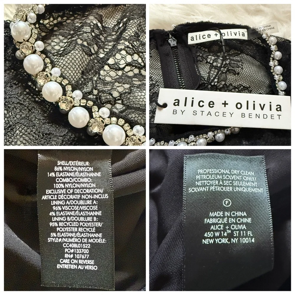 New! ALICE + OLIVIA “Delora” Embellished Neck Black Lace Mini Dress - Picture 11 of 11
